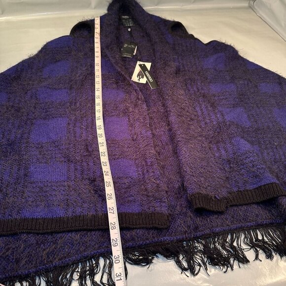 Vertigo Plaid Fuzzy Cardigan Womens Open Front Tweed Wrap Cape Boho Fringe Trim - Picture 8 of 16